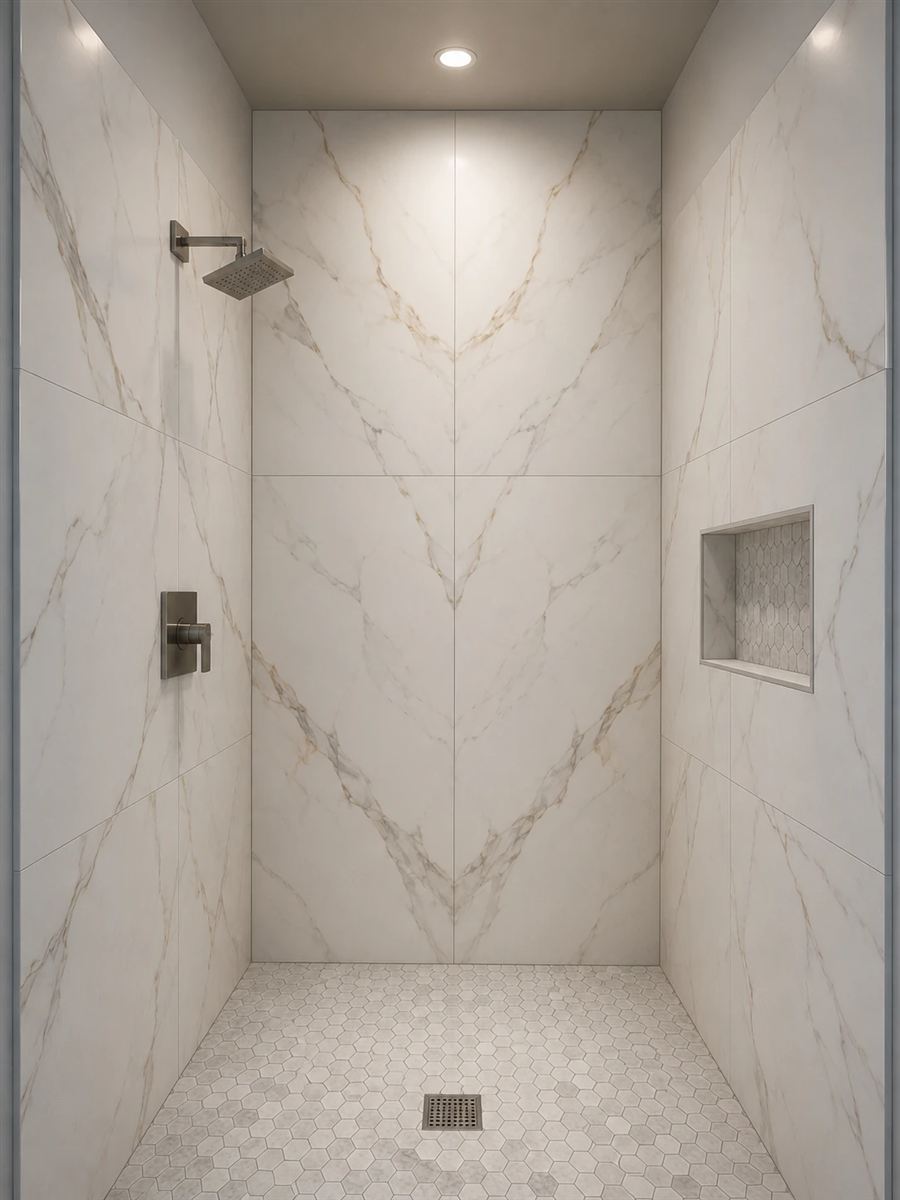 Shower with large-format marble-look porcelain walls and hex mosaic floor